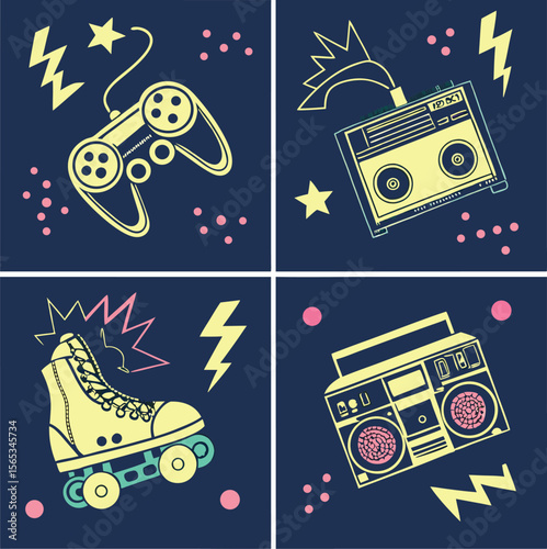 Retro style eighties elements design featuring a boombox, roller skates, and game console
