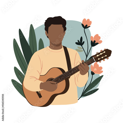 Flat Vector Illustration of Man playing an acoustic guitar with floral elements