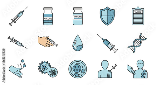 Illustration showing various medical icons related to vaccination including syringes and vaccine vials mostly blue