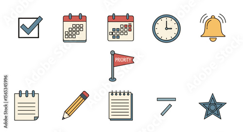 Illustration of planning icons including calendar, clock, bell, notepad and priority flag icons