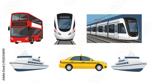 Illustration showcasing various modes of transportation including bus train taxi and boats shown together
