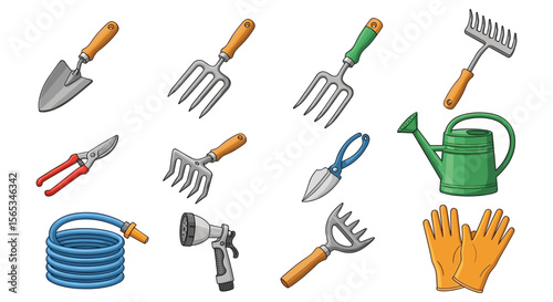 Illustration of various gardening tools including trowels, rakes, watering can and gloves set on white