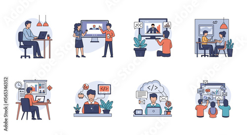 Illustrations depicting remote work and online collaboration with various digital devices and settings