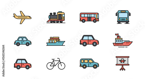 Illustration showing various modes of transport including airplane train bus car boat and bicycle icons