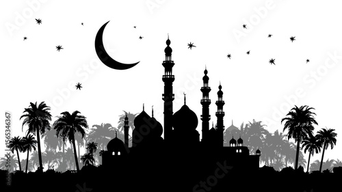 Silhouette mosque graphic with palm trees, crescent moon, and stars creates a tranquil Middle Eastern night scene suitable for Ramadan designs.