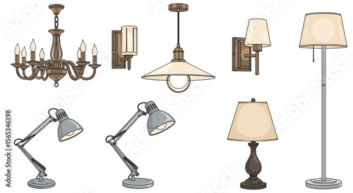 Illustration showing a variety of light fixtures including chandeliers and table lamps and wall sconces