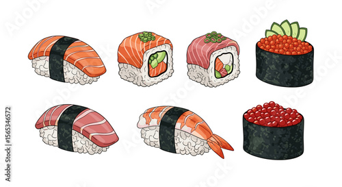 Illustration of assorted sushi pieces including nigiri and maki rolls on a white background art style