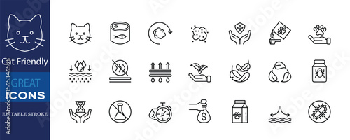A clean, modern icon set representing tofu cat litter features: clumping, odor control, eco-friendliness, absorption, safety, and hygiene. Ideal for packaging or product labels.