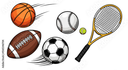 Illustration showing various sports equipment including balls and a tennis racket in motion lines