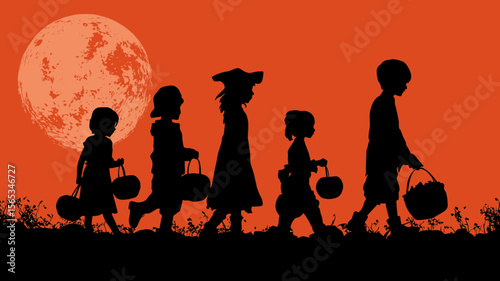 Spooky Halloween night silhouette features kids trick-or-treating under a full moon, perfect for festive season designs and holiday themed decorations.