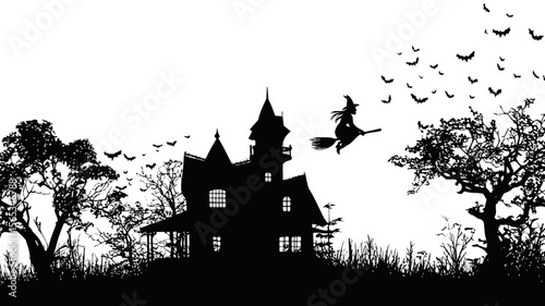 Spooky Halloween scene features a witch flying on her broomstick past a haunted house filled with bats and eerie trees.