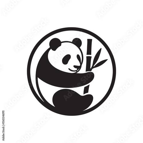 A panda bear holding onto a bamboo stalk inside of a circular black and white logo