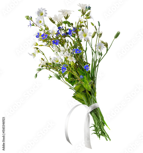 Bunch of meadow flowers with white ribbon isolated on a white