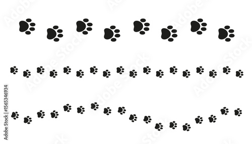 Paw print trail border separator silhouette. Vector clipart of animal tracks in a row. Perfect for pet-themed designs, invitations, greeting cards, or website dividers.