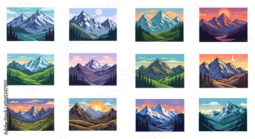 Collection of twelve mountain landscapes with varying colors and atmospheric conditions depicted in a stylized way