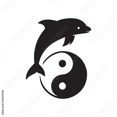 Black dolphin leaping over a yin yang symbol in a minimalist graphic design style