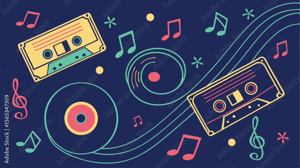 Obraz premium Nostalgic music themed backdrop features cassettes, records and notes