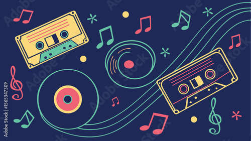 Nostalgic music themed backdrop features cassettes, records and notes