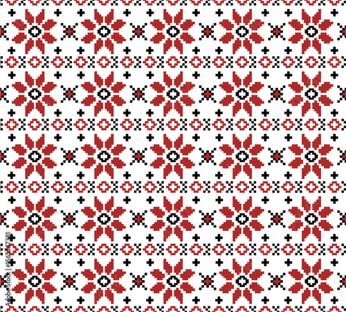 Traditional Ukrainian embroidery pattern with red geometric flowers and crosses. Seamless pixel vector ornament isolated on white background. Folk embroidery and ethnic textile concept.