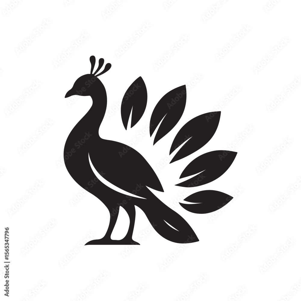 Fototapeta premium A stylized black peacock with leaf shaped tail feathers on a white background