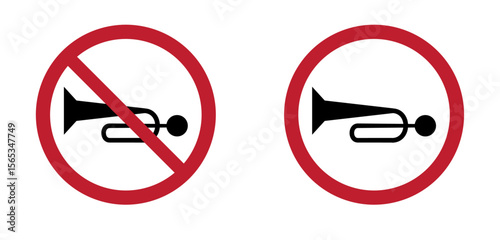 No Honking & No Claxon Zone Signs - Prohibited Horns & Forbidden Trumpet Vector Icons

