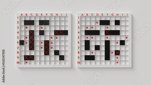 3D model of the board game Sea Battle, black and white, playing field with ships, hits