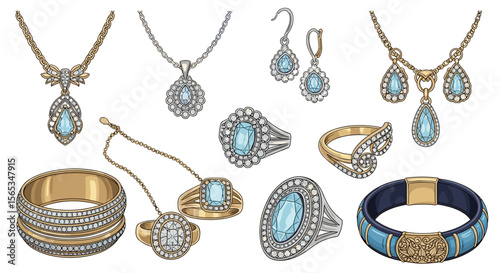 Assortment of jewelry featuring necklaces rings earrings and bracelet with light blue stones shown