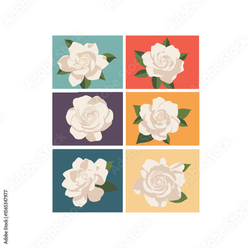 Flat Vector Illustration of Gardenia Flowers in Colorful Square Layout