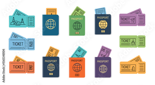 Illustration of assorted passports with tickets of varying colors and designs in a flat style layout