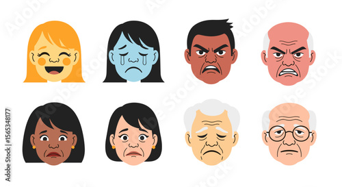 Diverse faces showing different emotions including happiness sadness anger and neutral expressions shown