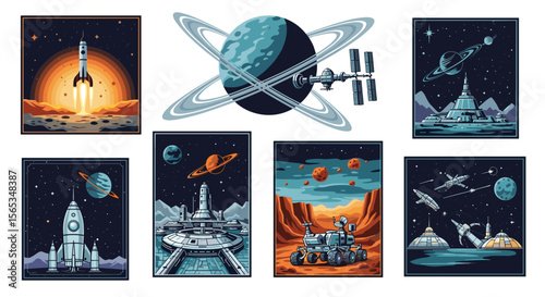 Collection of pixelated space exploration scenes featuring rockets planets and extraterrestrial landscapes