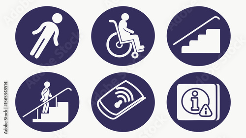 Collection of six blue circular signs with white icons for accessibility and information access