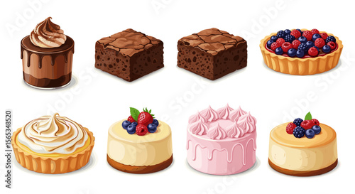Assortment of desserts including brownies, tarts, cakes and chocolate mousse on a white background