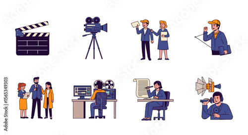 Illustration depicting various roles and equipment associated with film production and filmmaking process