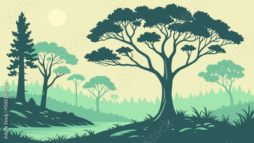 Illustration of a serene landscape with trees and water under a pale yellow sky and a bright moon