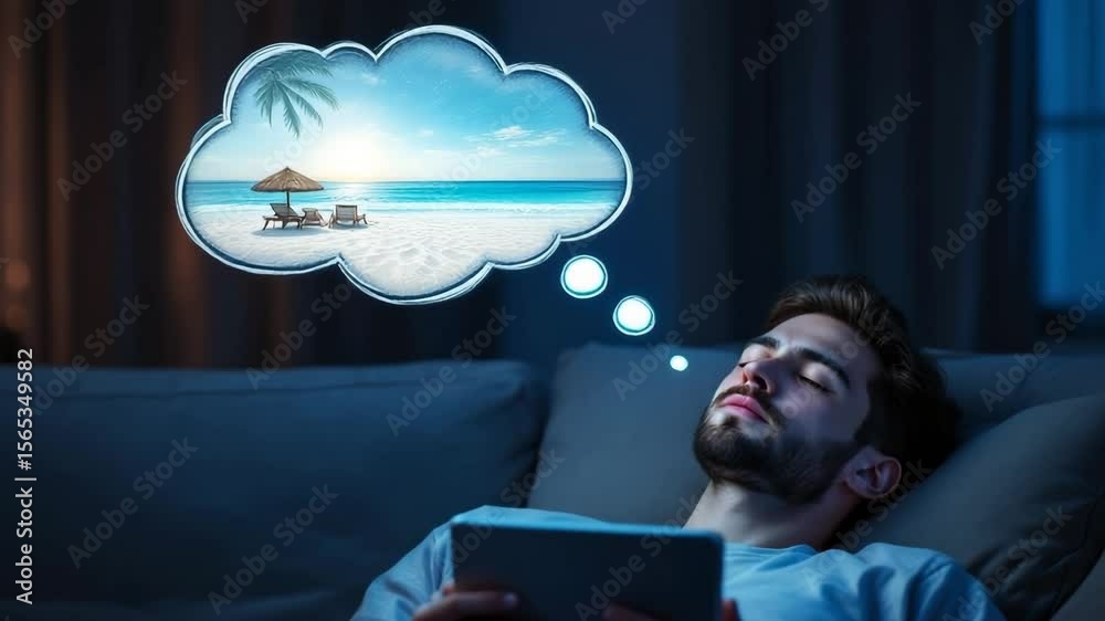 A young Caucasian man with dark hair relaxes on a couch, holding a tablet. A thought bubble shows a tropical beach with palm trees and a sunlit sky.