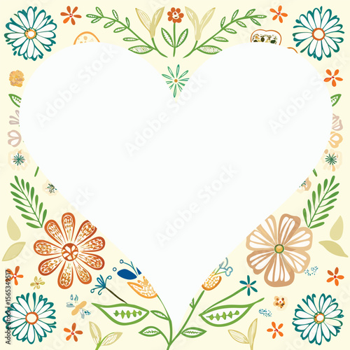 Photo frame with a heart shape in the center with a floral background for decorating photos
