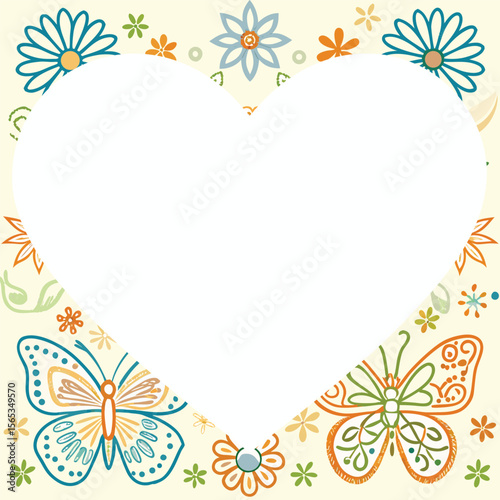 Photo frame with a heart shape in the center with a floral background for decorating photos