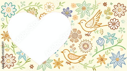 Photo frame with a heart shape in the center with a floral background for decorating photos