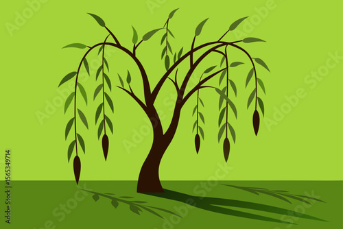 Green vector illustration of a tropical tree with leaves and branches, perfect for summer nature designs