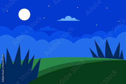 A serene night landscape with a moon and stars illuminates the green grass and trees, blending nature's beauty into a captivating illustration