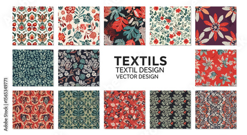Collection of floral textile designs with various color schemes and patterns displayed in a grid format