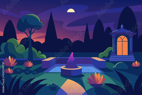 A dark Halloween night landscape illustration featuring a spooky castle under a moonlit sky with silhouetted trees and a distant town
