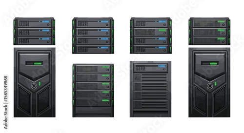 Illustration of multiple server racks and storage units in a data center environment setup view on white