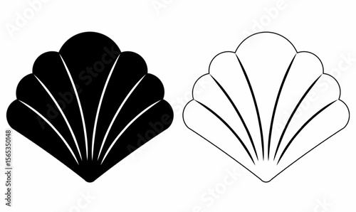 line, outline,silhouette scallop shell vector icon, sea shell symbol with curved lines, symmetrical outline and filled style, ideal for beach, ocean, nautical, marine design themes.