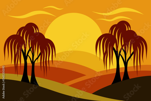 Here's a single sentence for naming an image with those elements:

Tropical beach or desert sunset landscape with silhouetted palms, birds, or camels