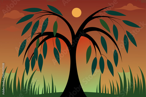 A stunning vector illustration of tropical palm trees silhouetted against a vibrant sunset sky over a serene island beach