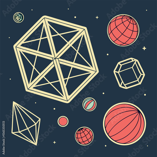 Geometrical shapes float in space, making an eye-catching abstract and modern design.
