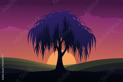 A solitary palm tree stands silhouetted against a vibrant sunset sky in the desert, evoking a sense of tropical tranquility and paradise