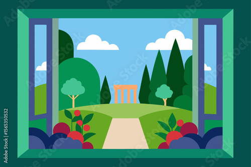 Green nature landscape illustration with house and trees under a summer sky